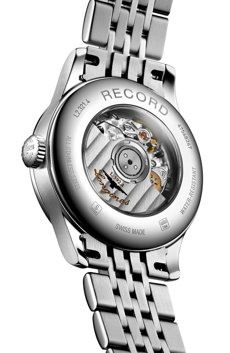 Longines Record Automatic Bracelet Watch, 30mm, Alternate, color, Silver/ White/ Silver