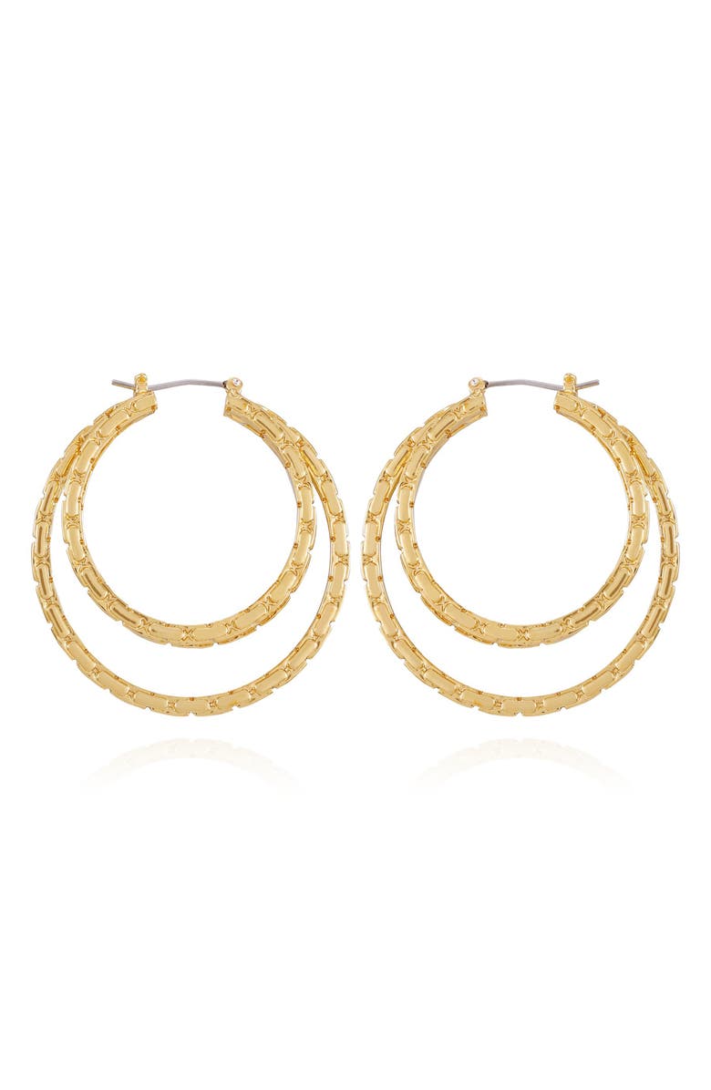 Vince Camuto Textured Layered Triple Hoop Earrings, Alternate, color, Gold Tone