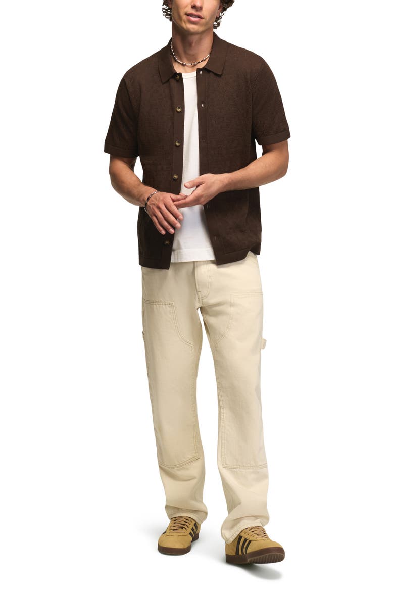 Openwork Knit Cotton Button-Up Shirt, Alternate, color, HOT FUDGE