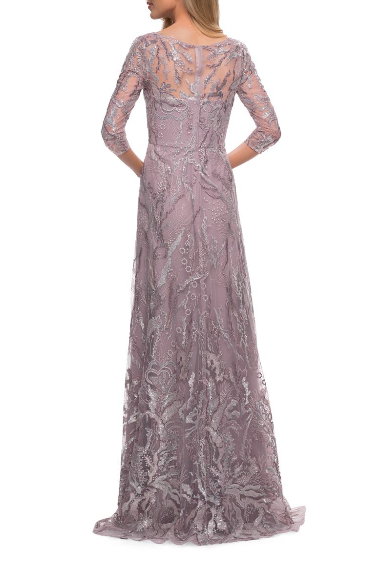 Sequin Lace Long Dress with Sheer Sleeves, Alternate, color, Mauve