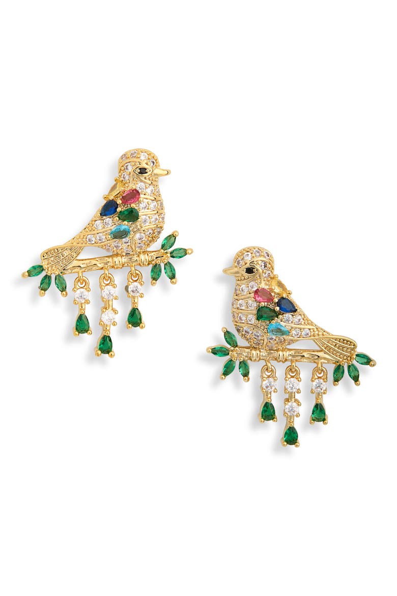 Asha Cubic Zirconia Perched Bird Statement Earrings, Main, color, GOLD