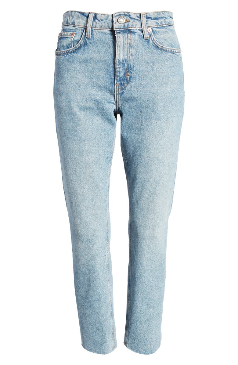 Topshop High Waist Raw Hem Straight Leg Jeans, Main, color, 