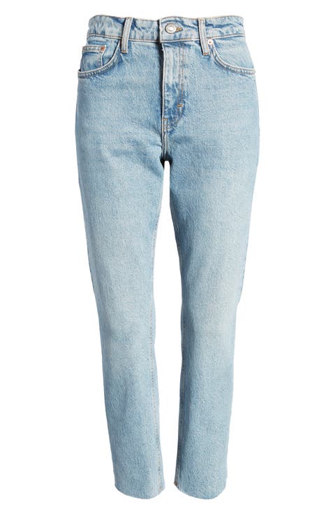 High Waist Raw Hem Straight Leg Jeans (Long)