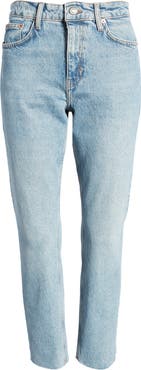 Topshop High Waist Raw Hem Straight Leg Jeans