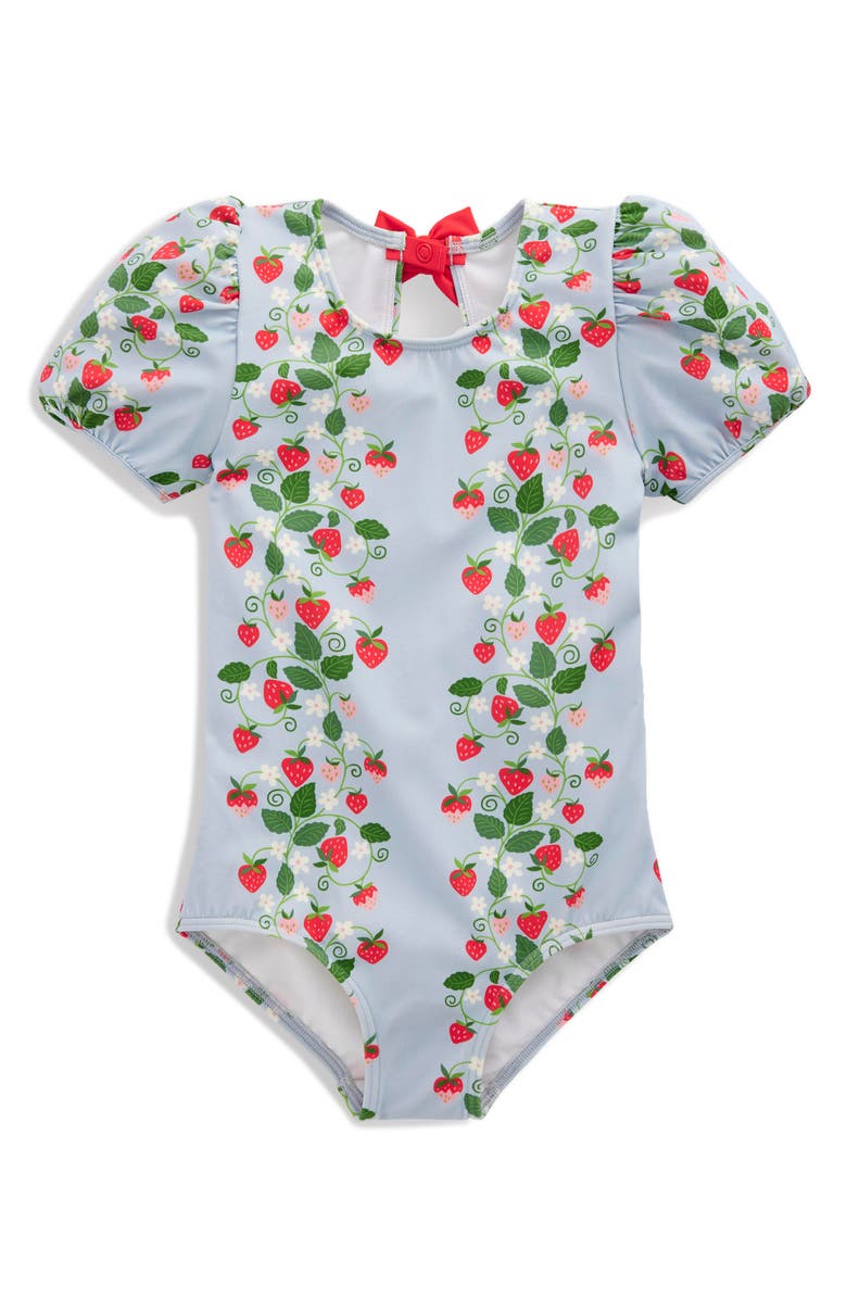 Mini Boden Kids' Puff Sleeve One-Piece Swimsuit, Main, color, Misty Blue Strawberry Vine