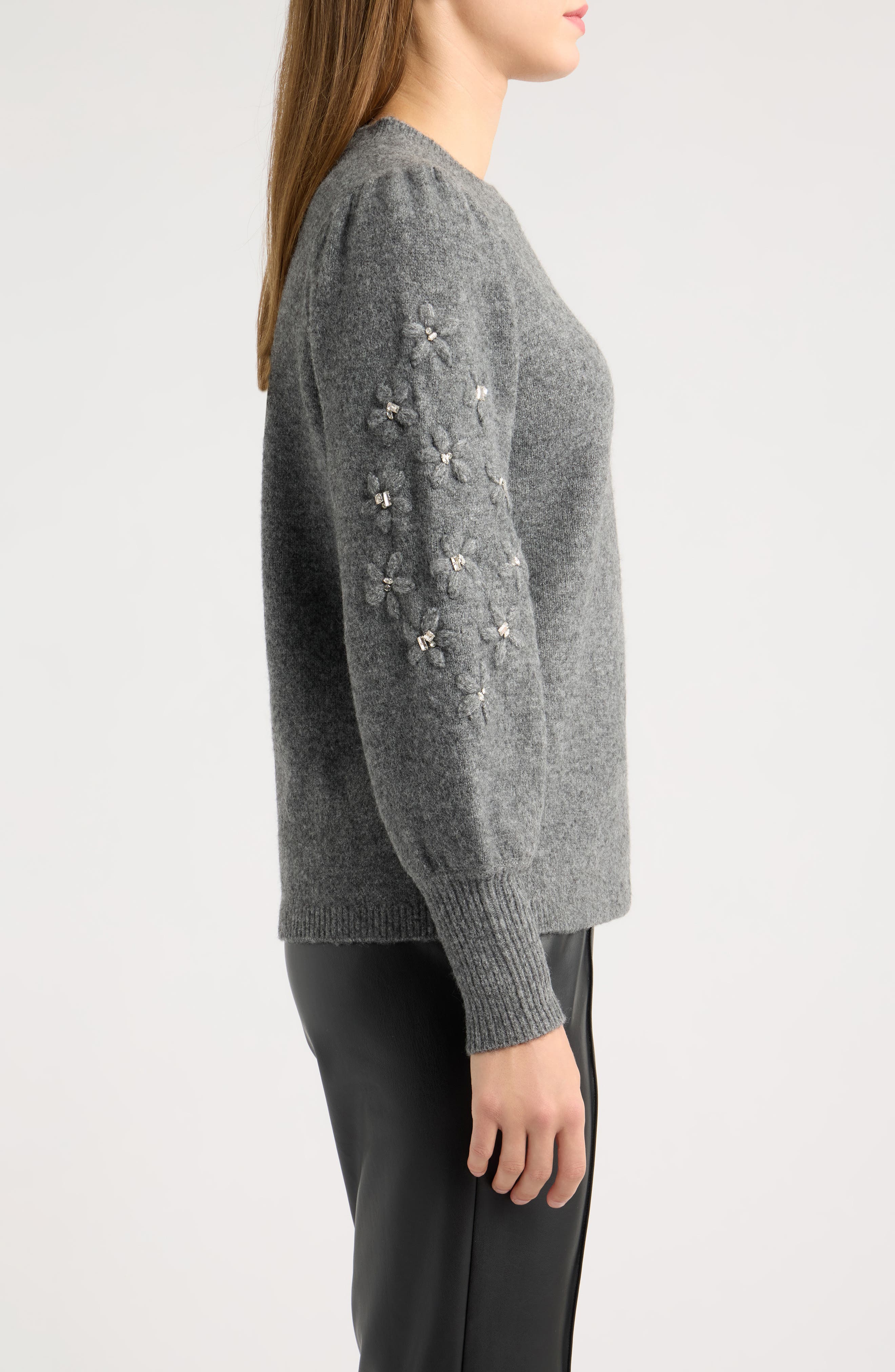 Anne Klein Floral Embellished Puff Sleeve Sweater (Women) | Nordstrom