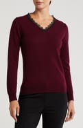 Sofia Cashmere Lace Trim V-Neck Cashmere Sweater