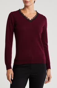 Sofia Cashmere Lace Trim V-Neck Cashmere Sweater