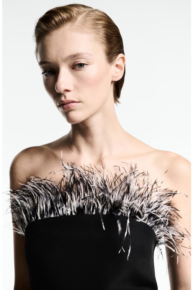 Feather Trim Convertible Strapless Minidress, Alternate, color, BLACK