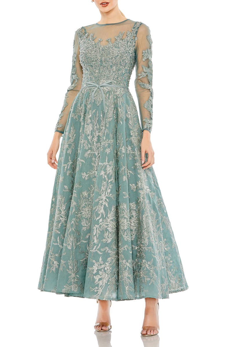 Mac Duggal Women’s A-Line Illusion Dress with Embellished Belt, Main, color, Jade