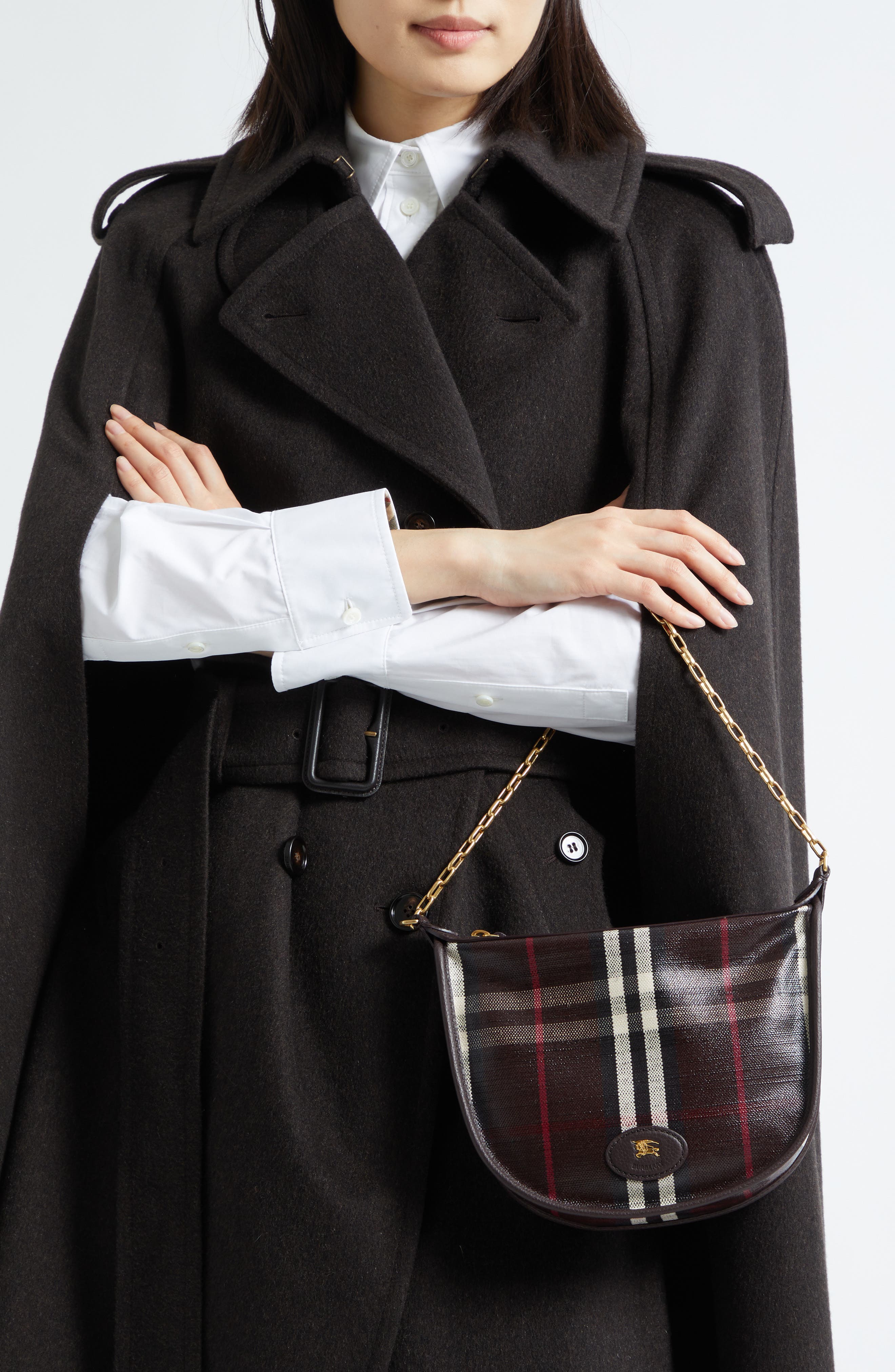 Burberry Mini Highlands Check Coated Canvas Shoulder Bag, Alternate, color, Mahogany