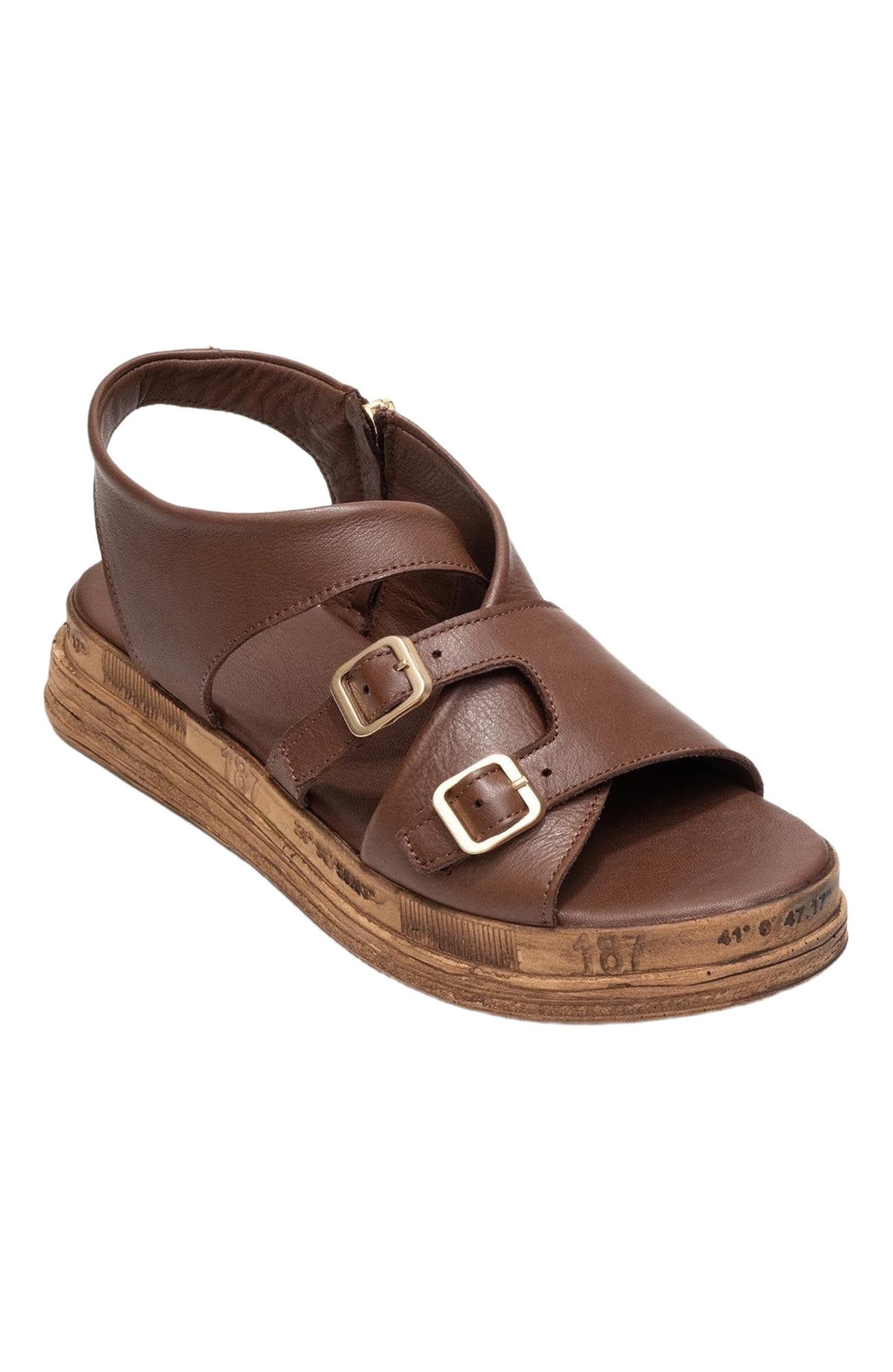 Levine Leather Buckled Side-Zip Sandal, Alternate, color, Brown Leather
