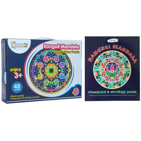 Rangoli Mandala Bundle Puzzle & Coloring + Sticker Book, 48 Piece Puzzle