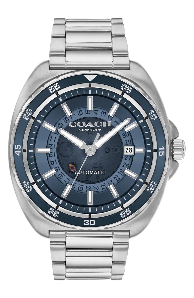 COACH Charter Automatic Bracelet Watch, 44.5mm, Main, color, Blue/ Silver