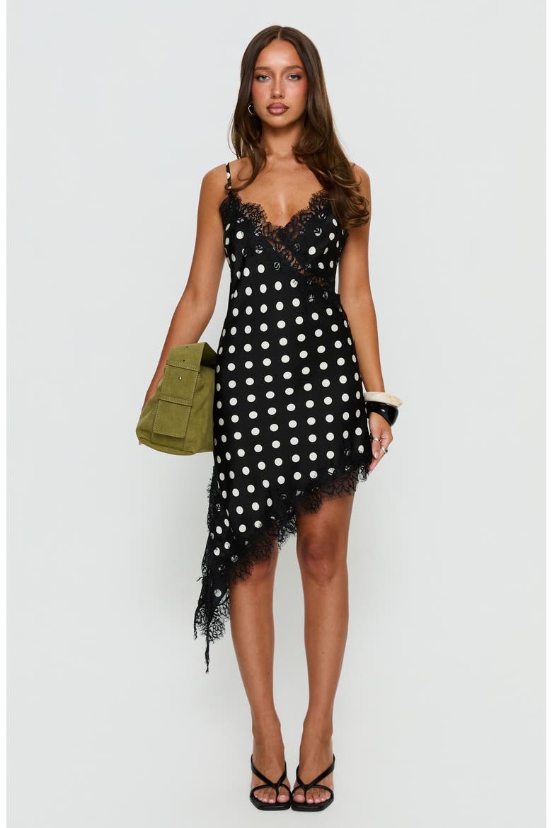 Afterdark Lace Trim Polka Dot Asymmetric Slipdress, Alternate, color, BLACK
