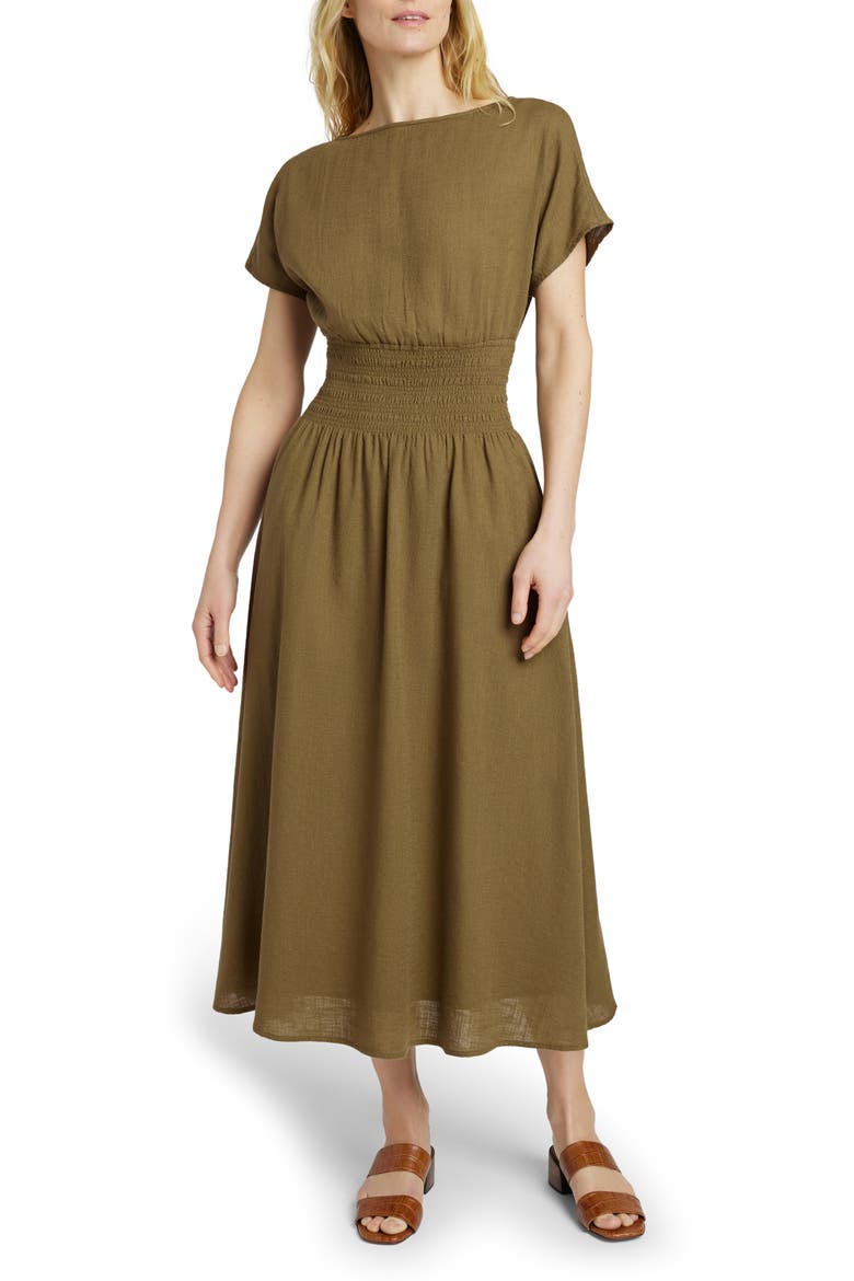 Coast to Coast Smocked Waist Organic Cotton Maxi Dress, Main, color, MILITARY OLIVE