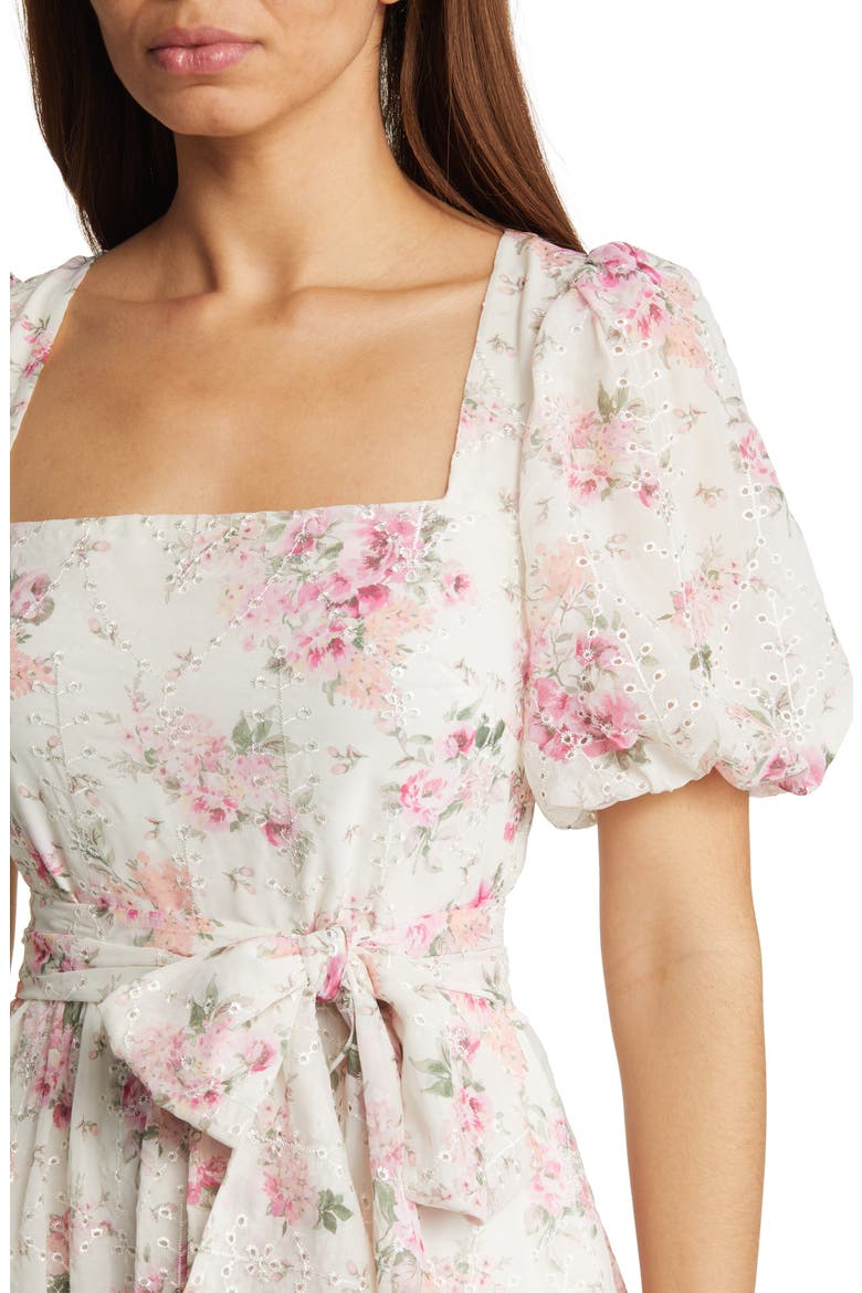Floral Eyelet Puff Sleeve Midi Dress, Alternate, color, IVORY MULTI