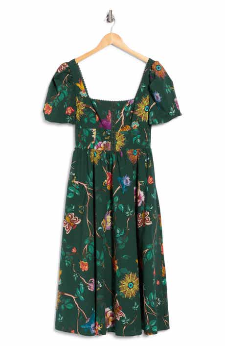 Botanical Print Corset Bodice Stretch Cotton Midi Dress