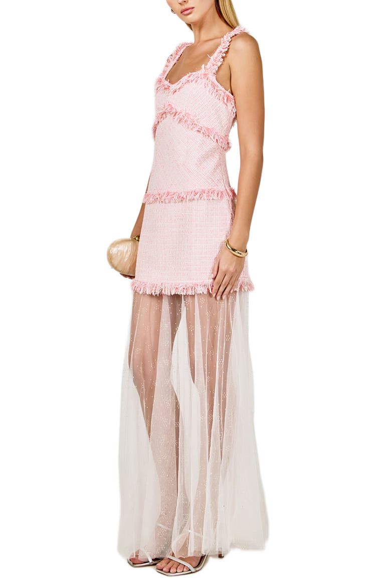 Tweed & Mesh Sleeveless Dress, Alternate, color, PINK