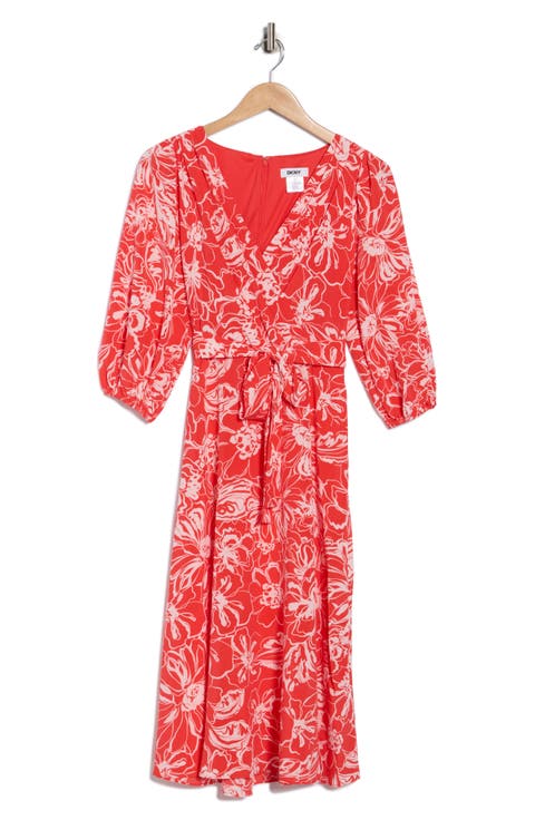 Surplice Three-Quarter Balloon Sleeve Midi Dress