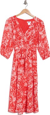 DKNY Surplice Three-Quarter Balloon Sleeve Midi Dress