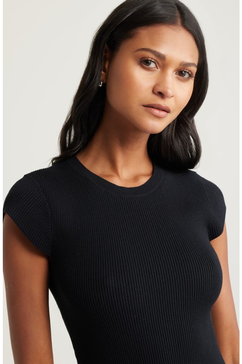 Luxe Rib Cap Sleeve Dress, Alternate, color, BLACK