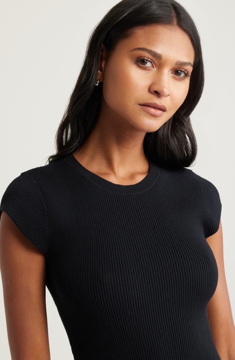Open Edit Luxe Rib Cap Sleeve Dress, Alternate, color, Black