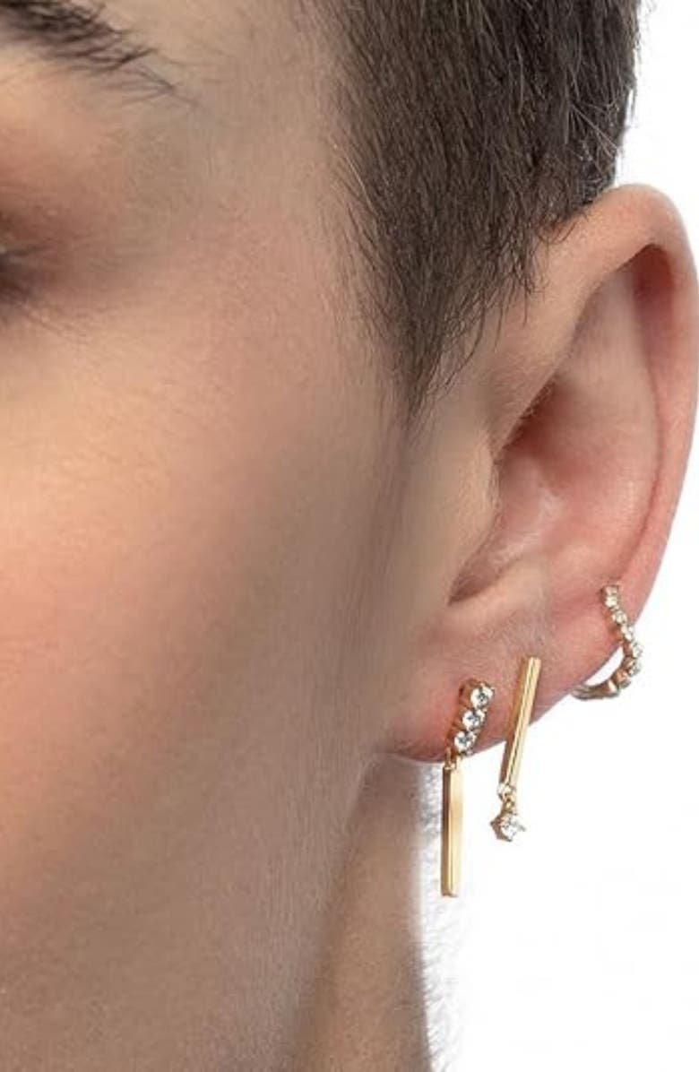 Oak & Luna Designer Bar Stud Earrings with Triple Cubic Zirconia in Gold Vermeil, Alternate, color, Gold Vermeil