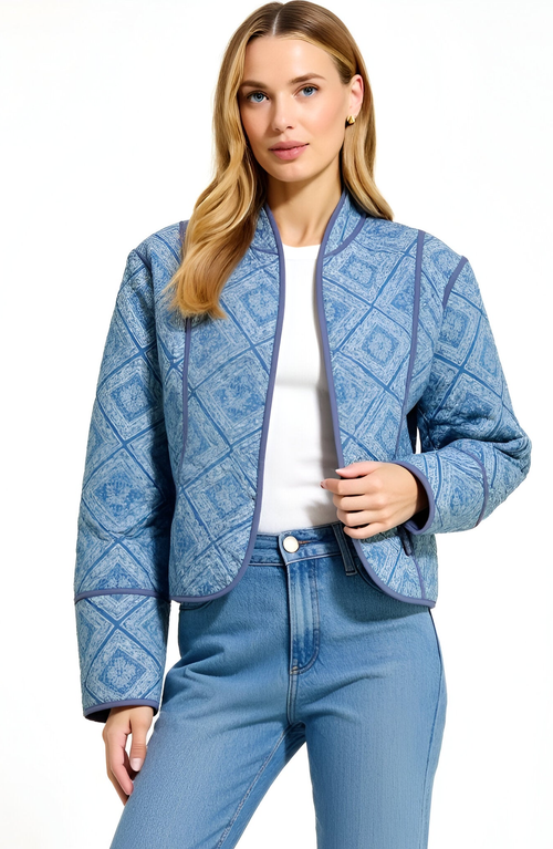 Modenaire Diamond Pattern Quilted Jacket With Piped Trim And Open Front In Blue