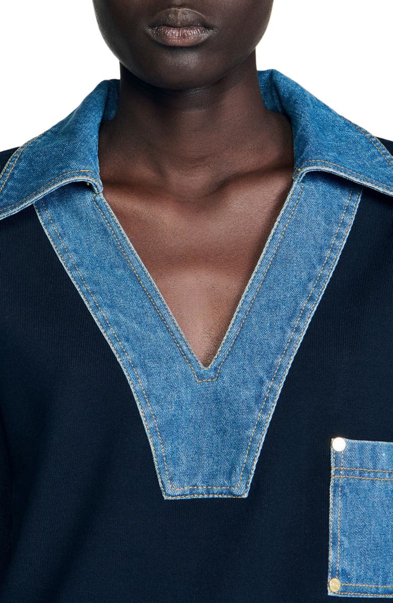 SANDRO Sweater with denim details, Alternate, color, Navy Blue