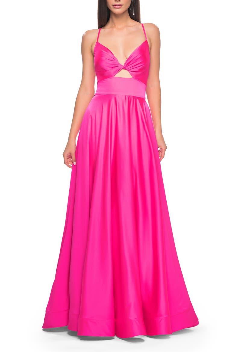 Satin A-Line Gown with Cut Out and Twist Bodice in Neon, Main, color, Neon Pink