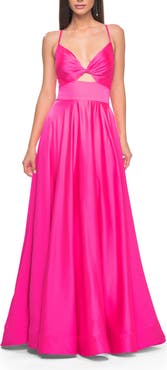 La Femme Satin A-Line Gown with Cut Out and Twist Bodice in Neon