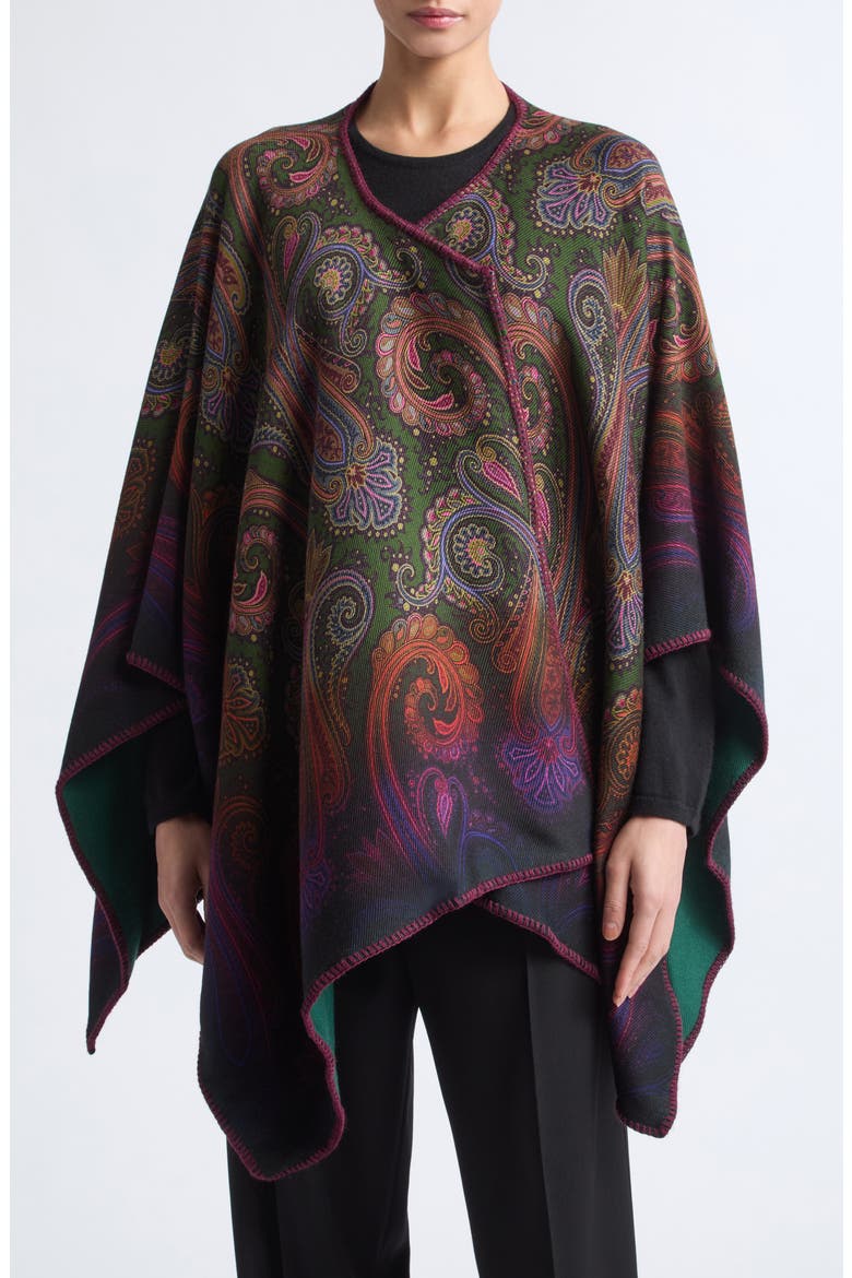 Ombré Paisley Swirl Reversible Wool Blend Cape, Main, color, GREEN