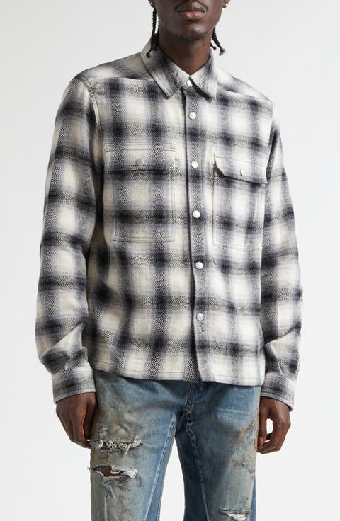 Ombré Plaid Cotton Flannel Snap-Up Shirt