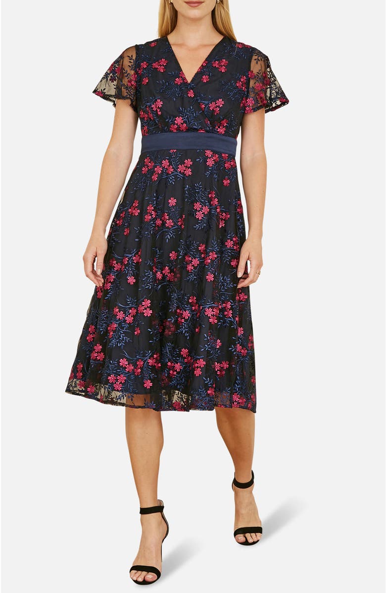 Yumi Floral Mesh Wrap Midi Skater Dress, Alternate, color, Navy