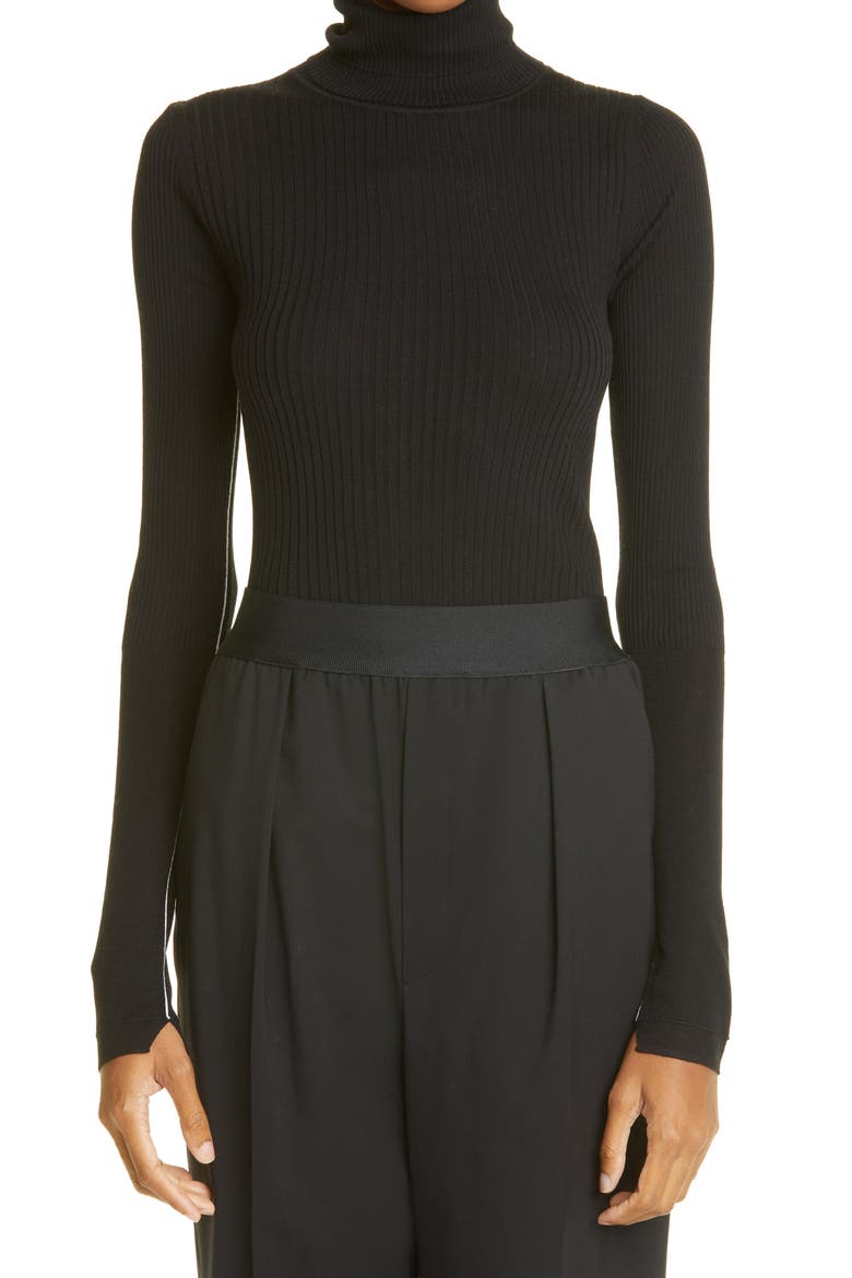 Rib Merino Wool Turtleneck Sweater, Main, color, BLACK IVORY LINK LINES