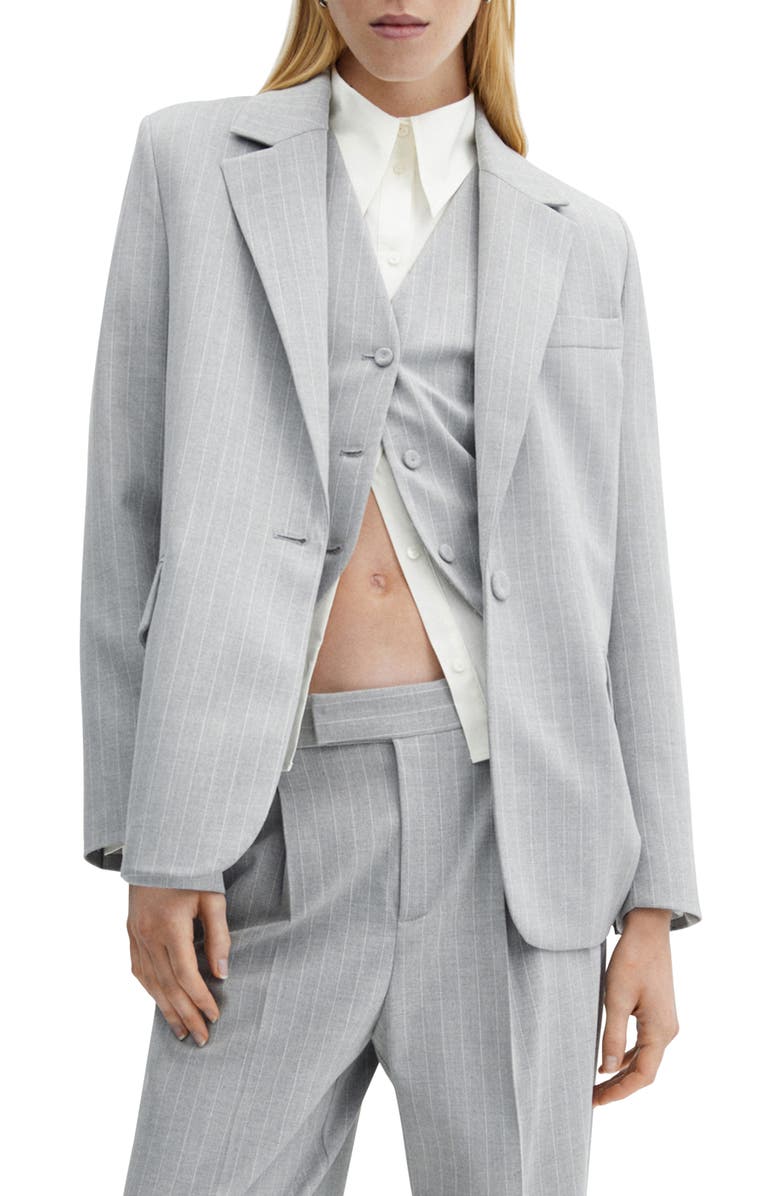 MANGO Pinstripe Jacket, Main, color, Medium Heather Grey