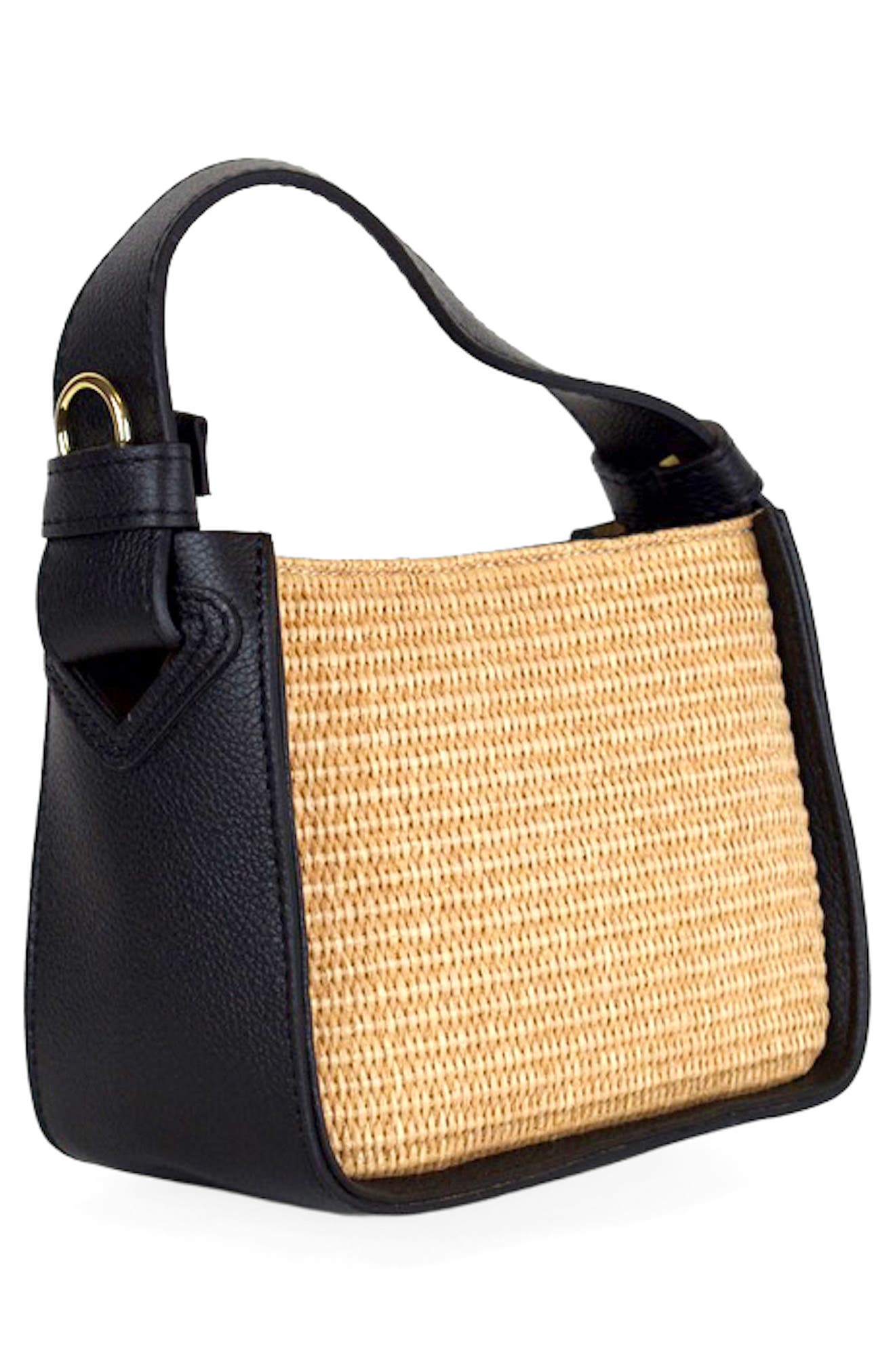 Persaman New York Marie Raffia & Leather Shoulder Bag, Alternate, color, Black