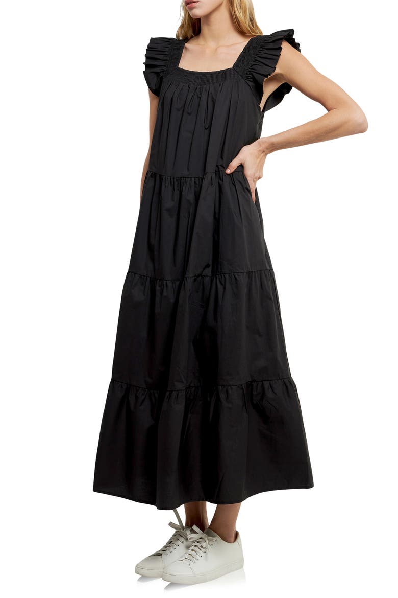 Ruffle Detail Midi Dress, Alternate, color, BLACK