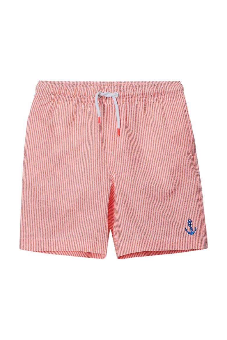 Boys Chlorine Resistant Seersucker Swim Trunks with Mesh Liner, Main, color, Coral Stripe