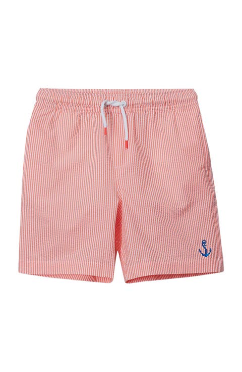Boys Chlorine Resistant Seersucker Swim Trunks with Mesh Liner