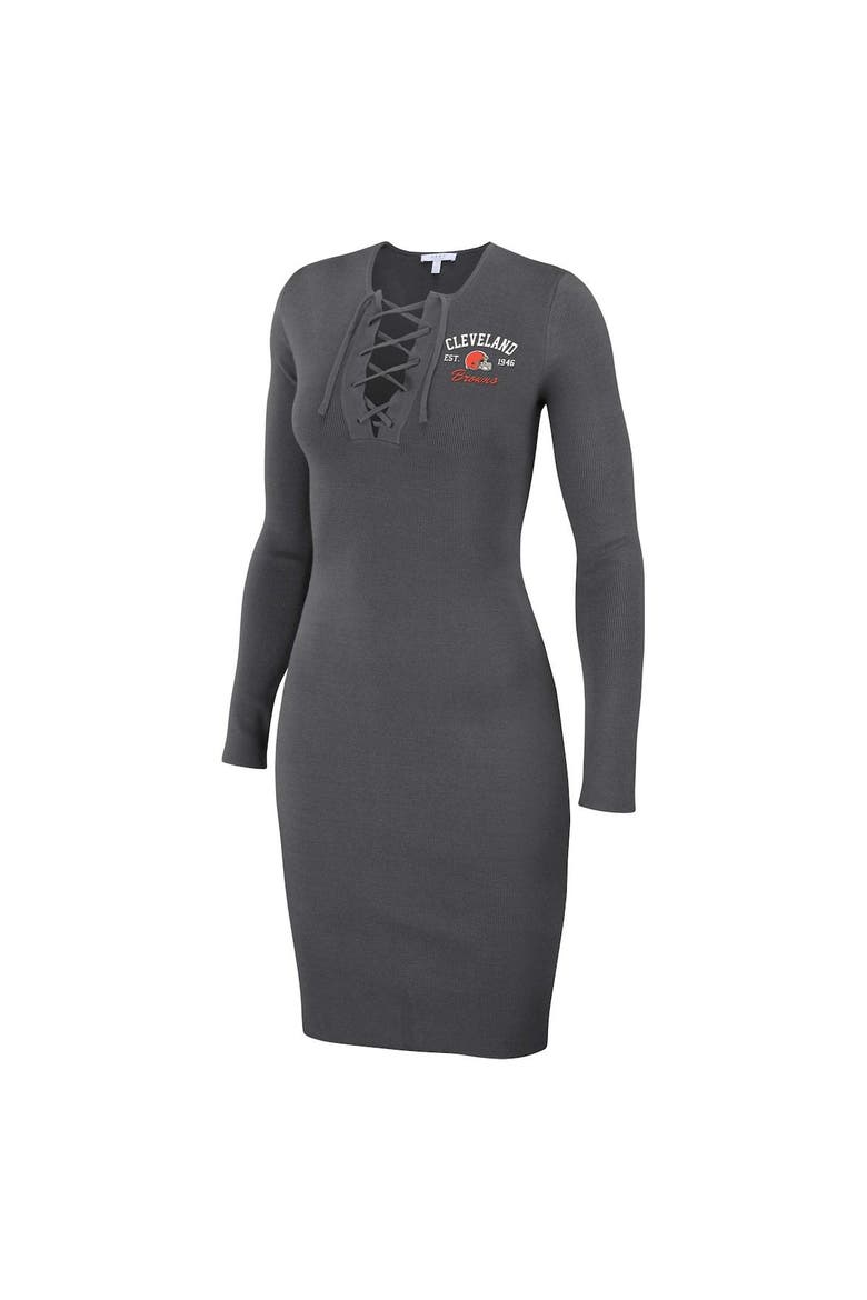Women's WEAR by Erin Andrews Charcoal Cleveland Browns Lace Up Long Sleeve Dress, Alternate, color, Charcoal