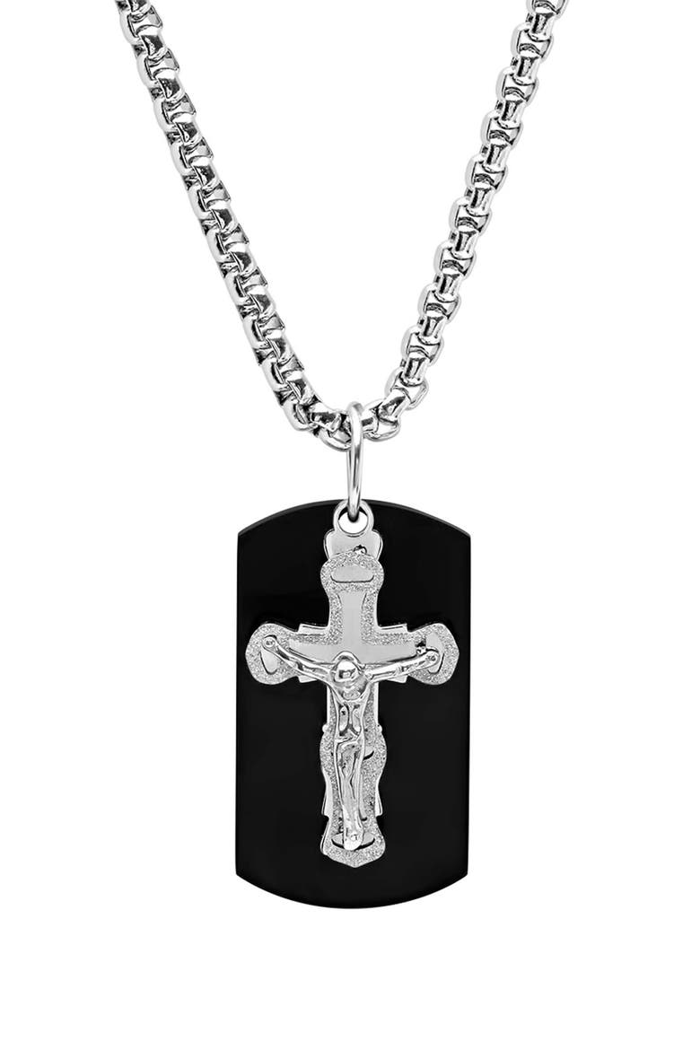 Cross Dog Tag Pendant Necklace, Main, color, BLACK