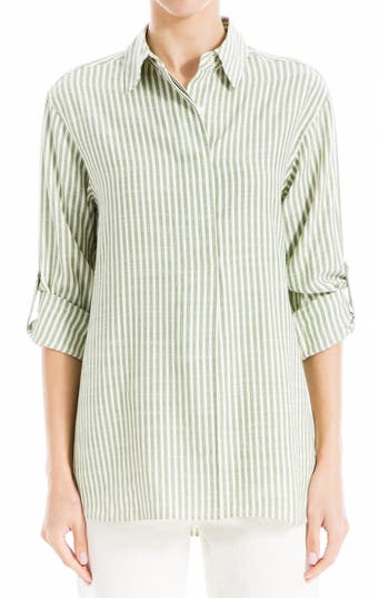 MAX STUDIO MAX STUDIO STRIPE OVERSIZE LONG SLEEVE BUTTON-UP TUNIC 