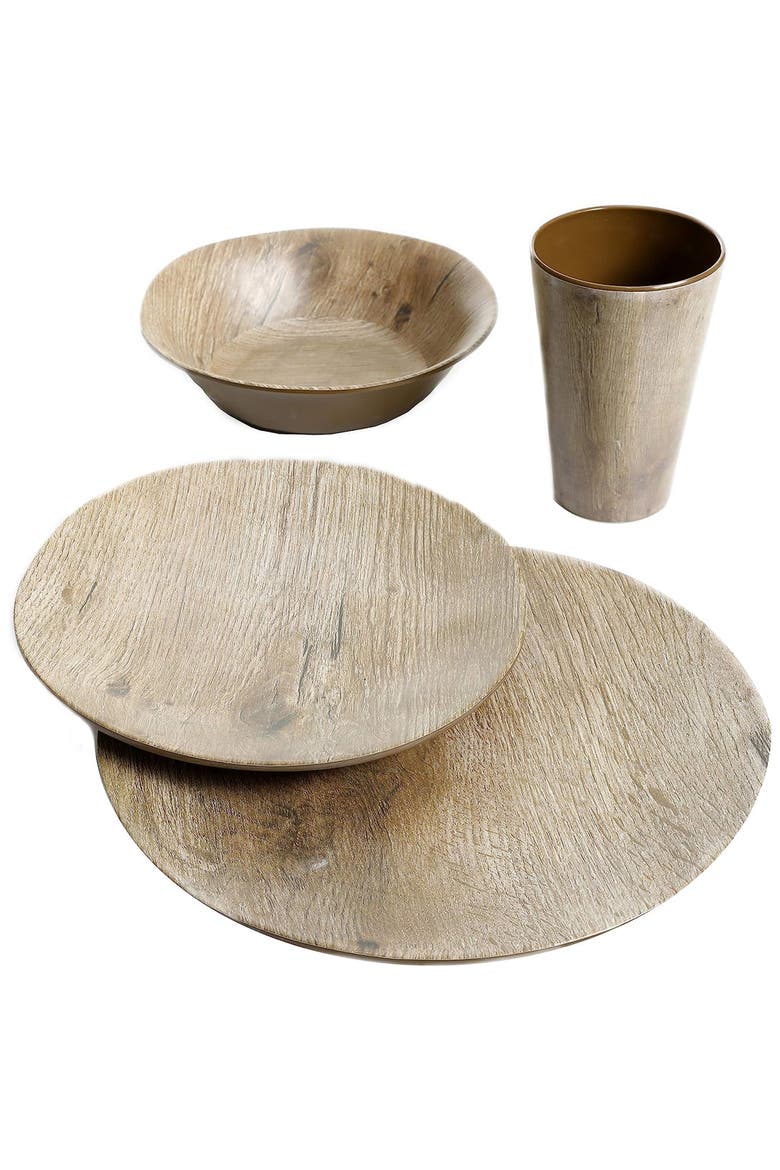 Woodlands 16 Piece Melamine Wood Grain Decal Dinnerware Set, Alternate, color, Brown