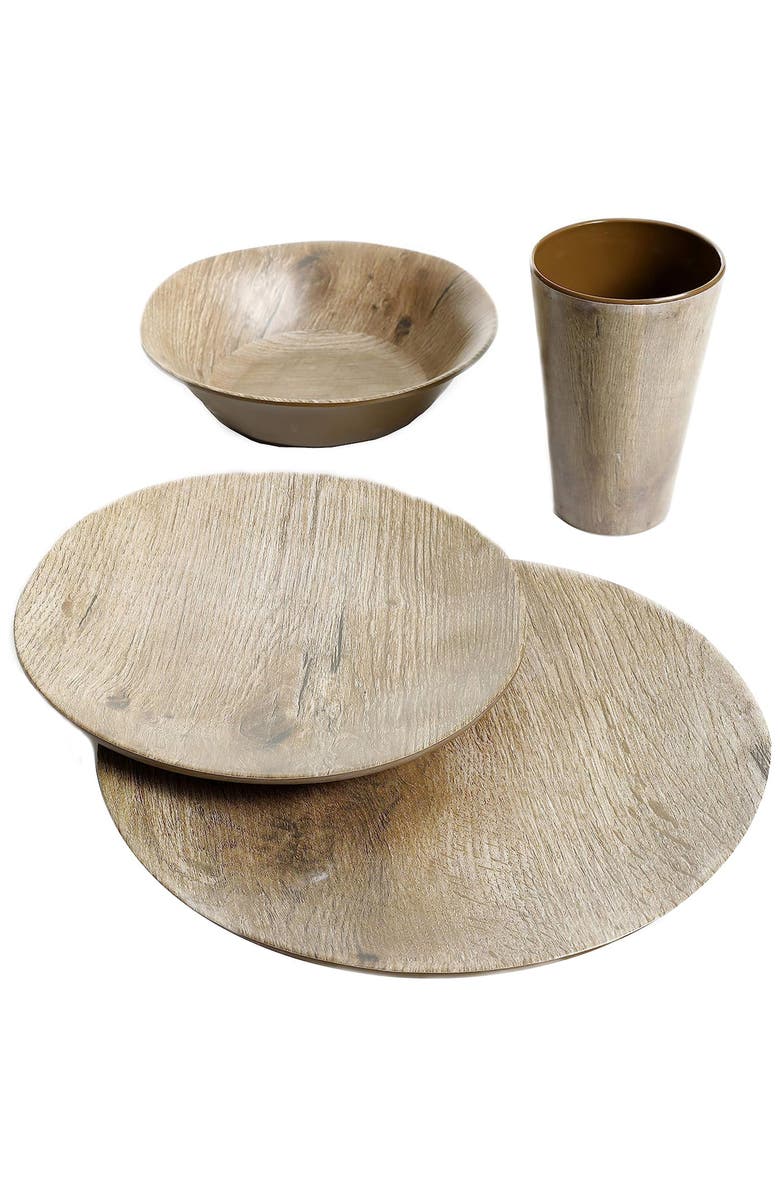Gibson Elite Woodlands 16 Piece Melamine Wood Grain Decal Dinnerware Set, Alternate, color, Brown