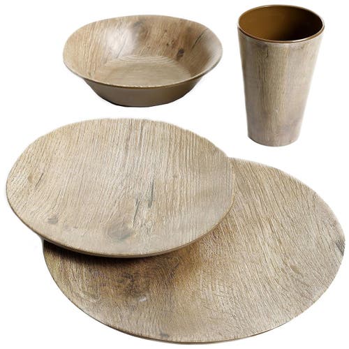 Gibson Elite Woodlands 16 Piece Melamine Wood Grain Decal Dinnerware Set In Brown