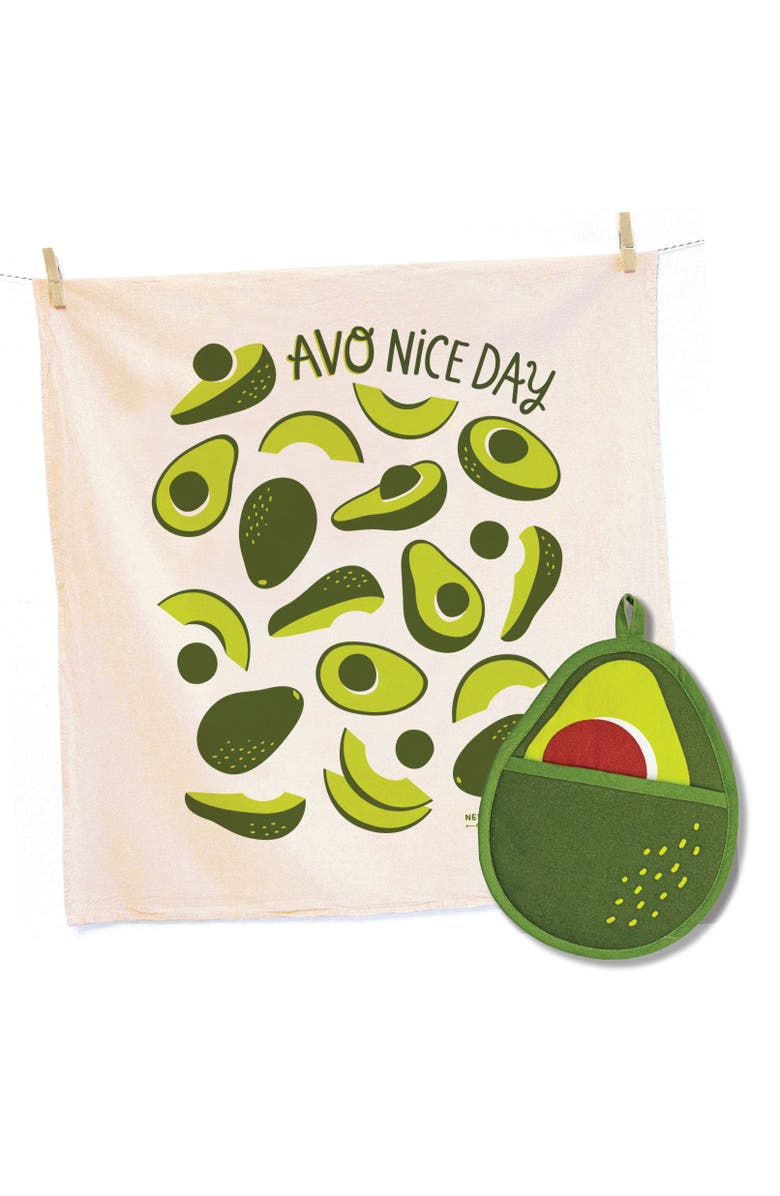The Neighborgoods Avocado Tea Towel and Pot Holder Set, Main, color, Green