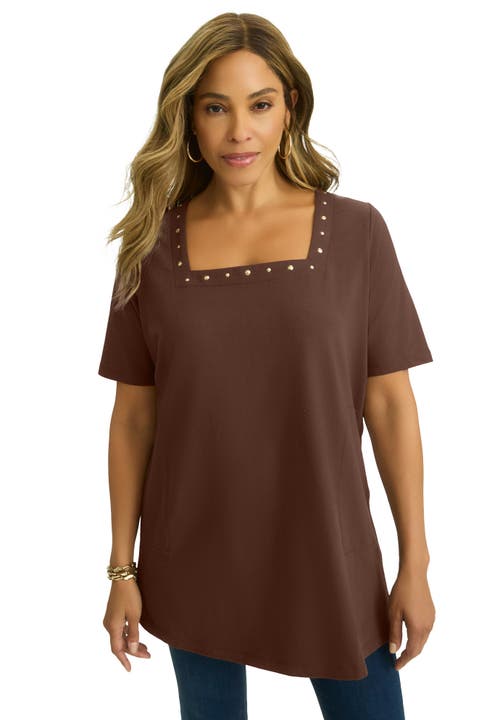 Jessica London Stretch Cotton Studded Square Neck Tunic In Brown