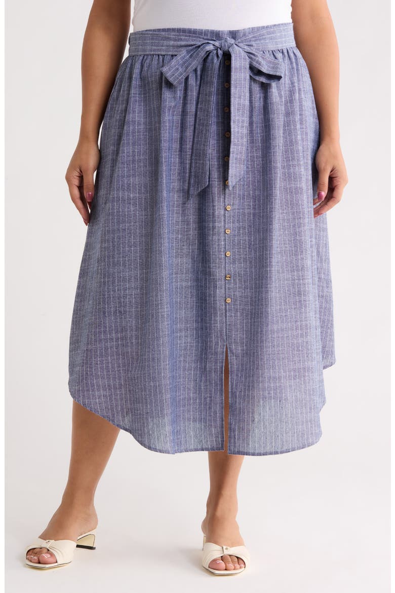 Stripe Linen Blend Curve Hem Midi Skirt, Main, color, DENIM